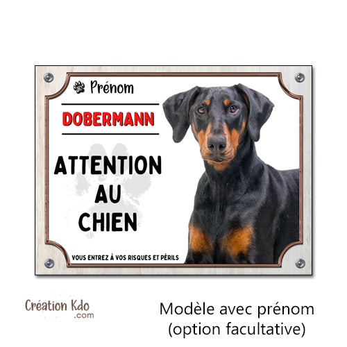 Plaque Dobermann Attention au chien pelage noir et feu panneau portail