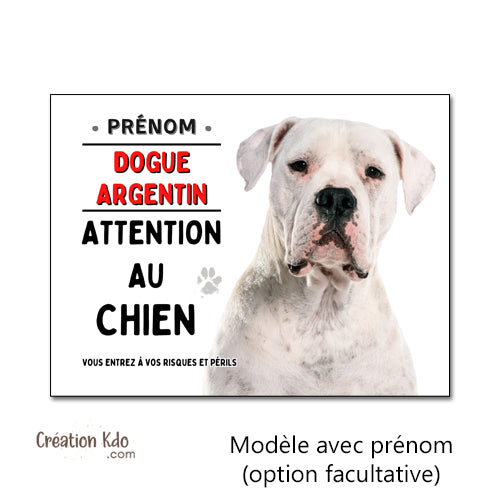 Dogue Argentin Plaque Attention au chien Panneau de portail