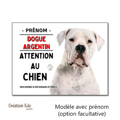 Dogue Argentin Plaque Attention au chien Panneau de portail