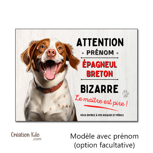 Plaque humour Attention Épagneul Breton bizarre Panneau chien portail personnalisé prénom
