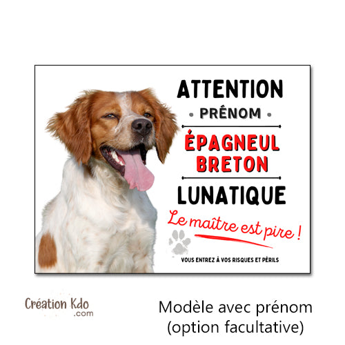 Plaque humour Attention Épagneul Breton lunatique Panneau chien portail à personnaliser