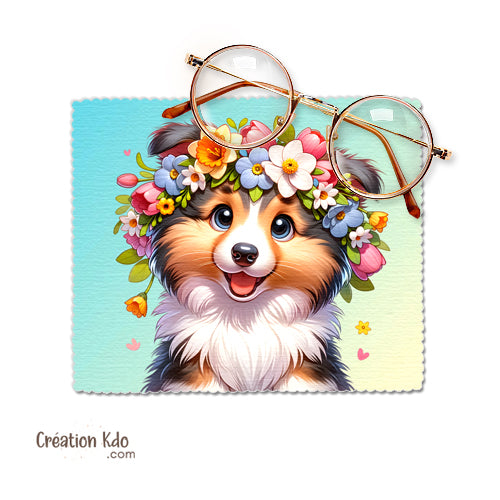 Essuie-lunette dessin Berger des Shetland avec couronne de fleurs Chiffonnette tissu microfibre