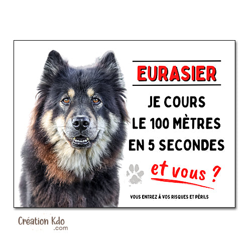 Plaque Eurasier Je cours le 100 mètres humour Panneau portail (pelage noir et feu)
