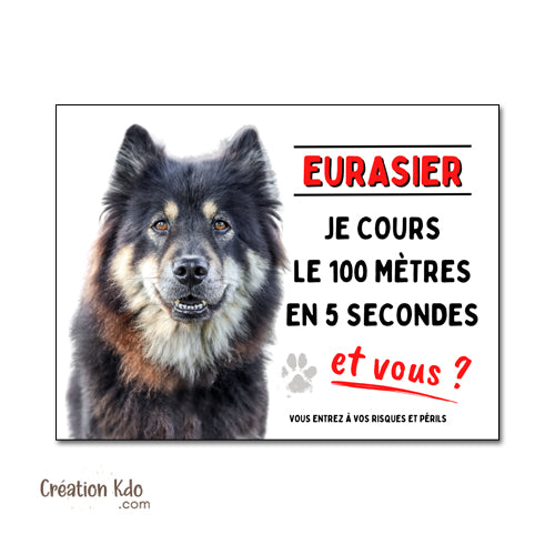 Plaque Eurasier Je cours le 100 mètres humour Panneau portail (pelage noir et feu)