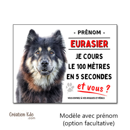 Plaque Eurasier Je cours le 100 mètres humour Panneau portail (pelage noir et feu) personnalisé monte la garde