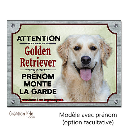 Plaque Attention au chien Golden Retriever monte la garde Panneau portail fond vert