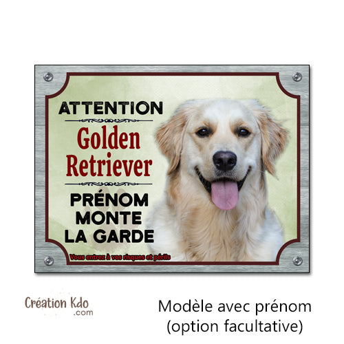 Plaque Attention au chien Golden Retriever monte la garde Panneau personnalisé