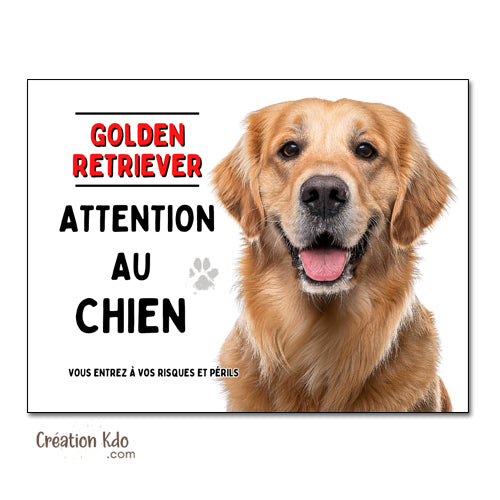 Plaque Attention au chien Golden Retriever Panneau de portail