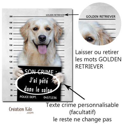 Plaque humour prisonnier chien Golden Retriever poste de police Panneau identité criminelle