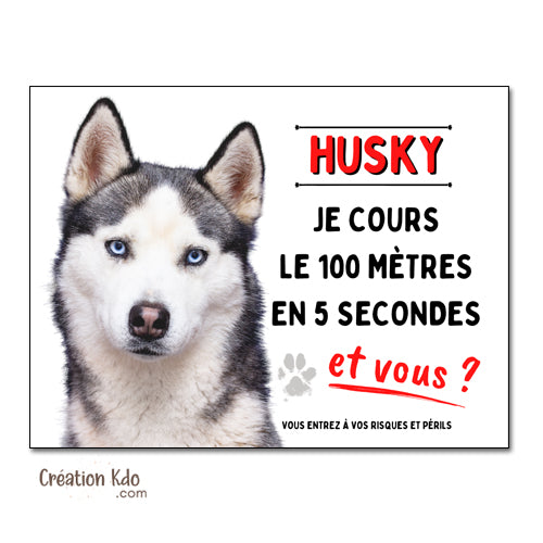 Plaque Attention au chien Husky je cours le 100 mètres Panneau humour portail