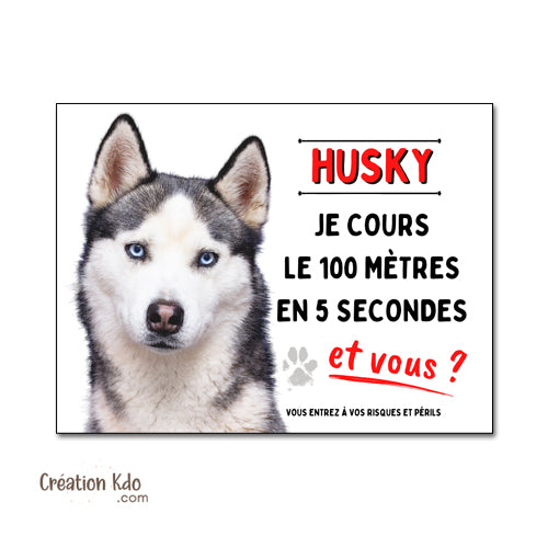 Plaque Attention au chien Husky je cours le 100 mètres Panneau humour portail