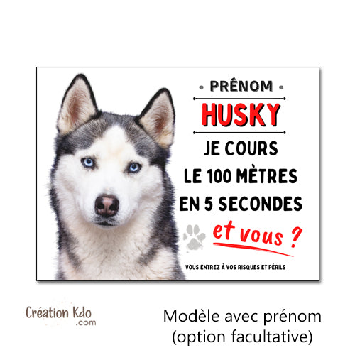 Plaque Attention au chien Husky je cours le 100 mètres Panneau humour portail photo monte la garde