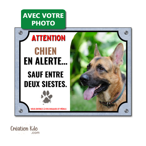 plaque photo personnalisée chien en alerte panneau humour monte la garde pancarte