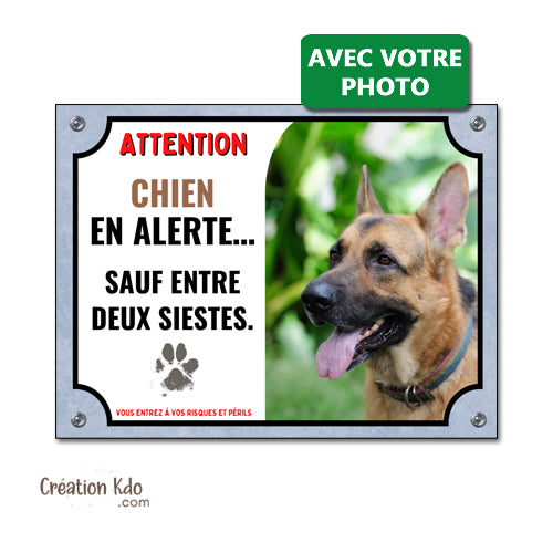 plaque photo personnalisée chien en alerte panneau humour monte la garde pancarte