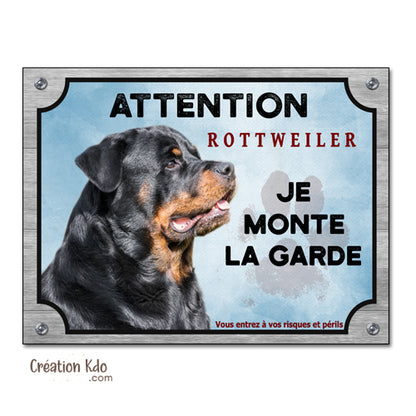 Plaque chien Attention Rottweiler je monte la garde Panneau portail modèle fond bleu