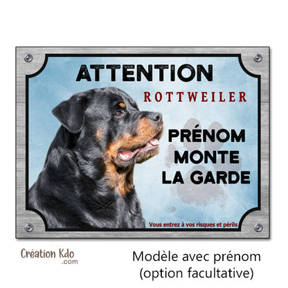 Plaque chien Attention Rottweiler je monte la garde Panneau portail modèle fond bleu
