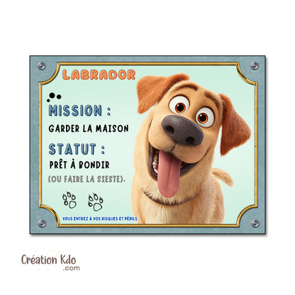 Plaque Labrador Humour "Mission : Garder la Maison" - Style Cartoon - Panneau Portail