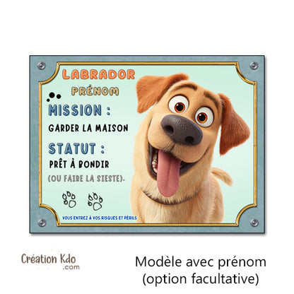Plaque Labrador Humour "Mission : Garder la Maison" - Style Cartoon - Panneau Portail