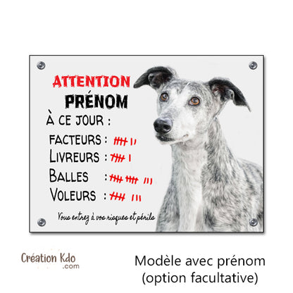 Plaque humour Attention au chien Lévrier Espagnol Galgo à ce jour Panneau portail je monte la garde