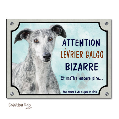 Plaque humour Attention au chien Lévrier Espagnol Galgo bizarre Panneau