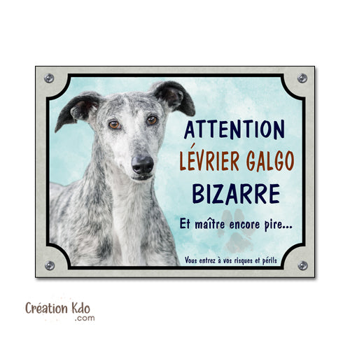 Plaque humour Attention au chien Lévrier Espagnol Galgo bizarre Panneau