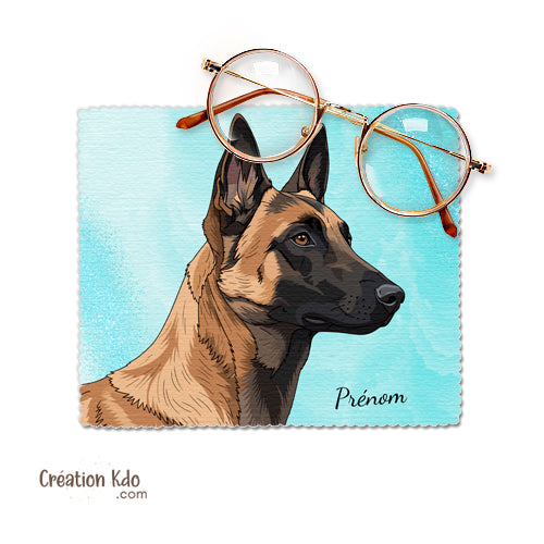 Essuie-lunette motif de portrait chien Malinois dessin chiffonnette personnalisée prénom en microfibre