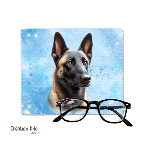 Essuie-lunette chien motif portrait Malinois chiffonnette bleue en microfibre plaque je monte la garde panneau