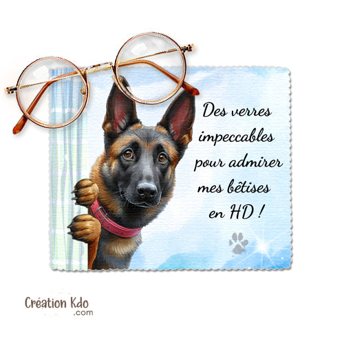 Essuie-lunette humoristique Malinois "Des verres impeccables" chiffonnette microfibre