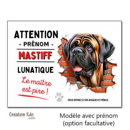 plaque mastiff monte la garde panneau attention au chien lunatique pancarte portail à personnaliser
