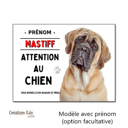 Panneau Attention au Chien Mastiff - Plaque de Portail