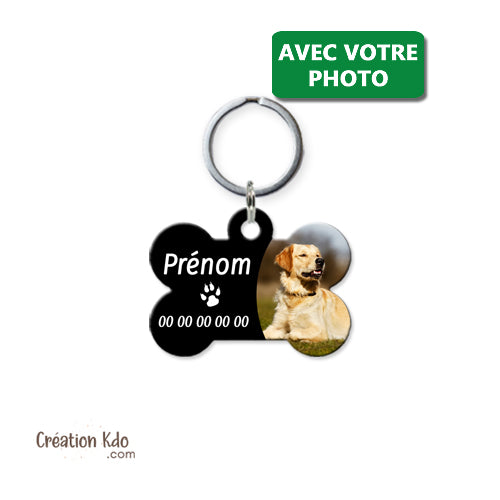 médaille chien os personnalisée coordonnées identification avec photo