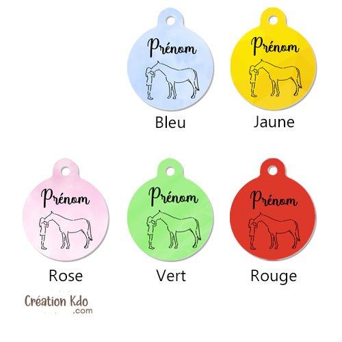 Médaille identification avec silhouette noire cheval et fille personnalisée pour licol