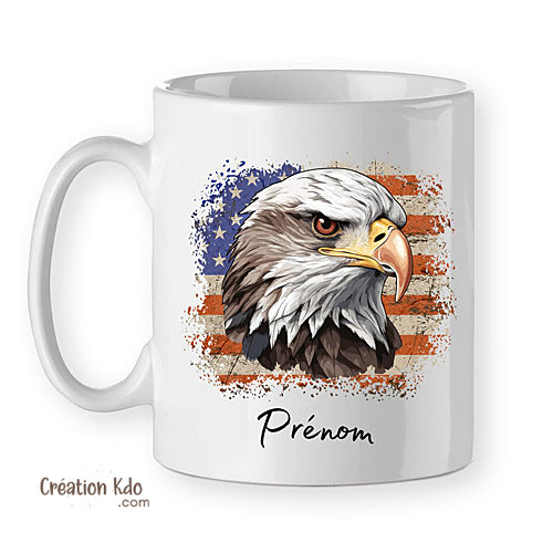 Mug Oiseau aigle royal thème Amérique drapeau USA personnalisé prénom