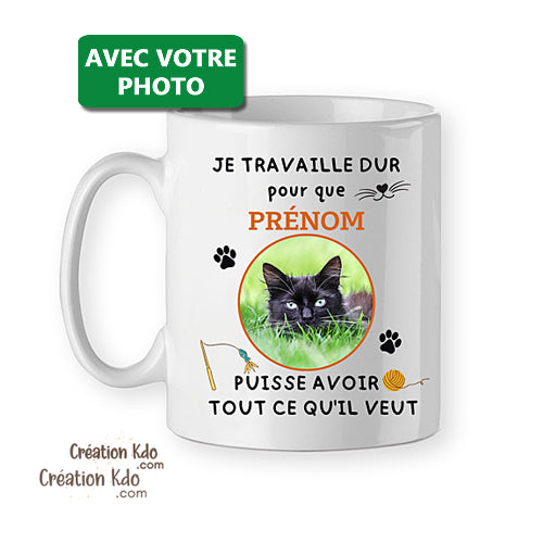 mug chat personnalisé je travaille dur tasse photo