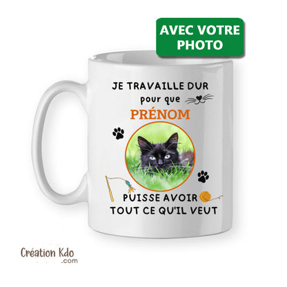 mug chat personnalisé je travaille dur tasse photo