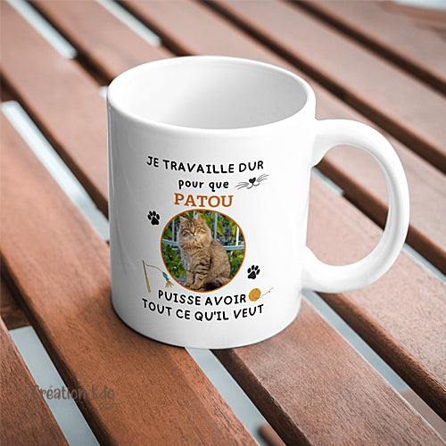 mug chat personnalisé je travaille dur tasse photo cadeau prénom