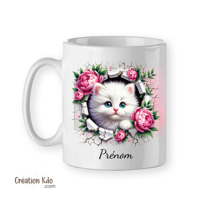 mug chaton personnalisé prénom tasse cadeau mignonne chat blanc floral