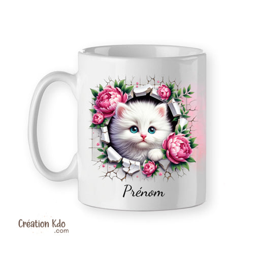 mug chaton personnalisé prénom tasse cadeau mignonne chat blanc floral