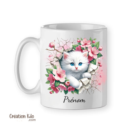 mug chaton personnalisé prénom tasse cadeau mignonne chat blanc floral