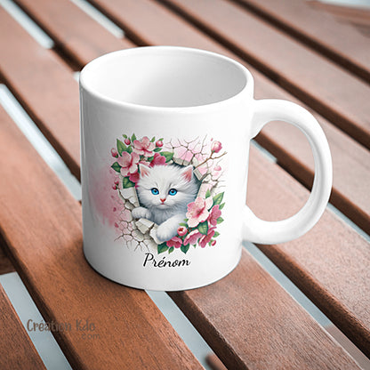 mug chaton personnalisé prénom tasse cadeau mignonne chat blanc floral