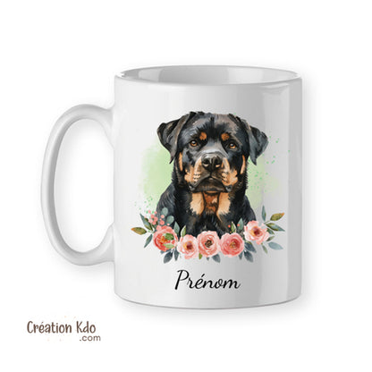 mug rottweiler tasse chien de race tête floral céramique blanc