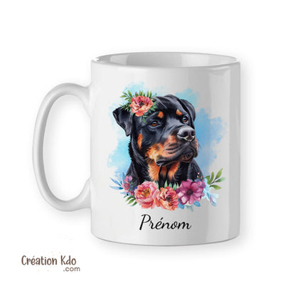 mug rottweiler tasse chien céramique blanc fleuri