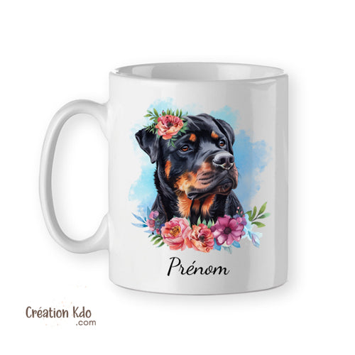 mug rottweiler tasse chien céramique blanc fleuri