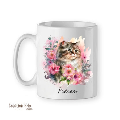 Mug chat ambiance aquarelle pastel rose et fleurs tasse cadeau personnalisée prénom