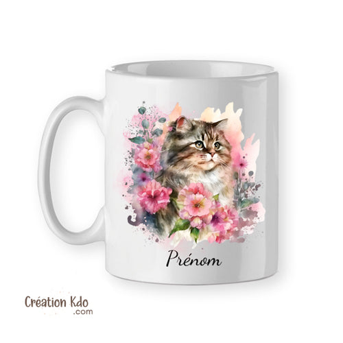 Mug chat ambiance aquarelle pastel rose et fleurs tasse cadeau personnalisée prénom