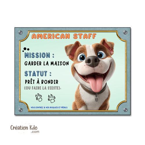 je monte la garde panneau american staff cartoon attention au chien plaque