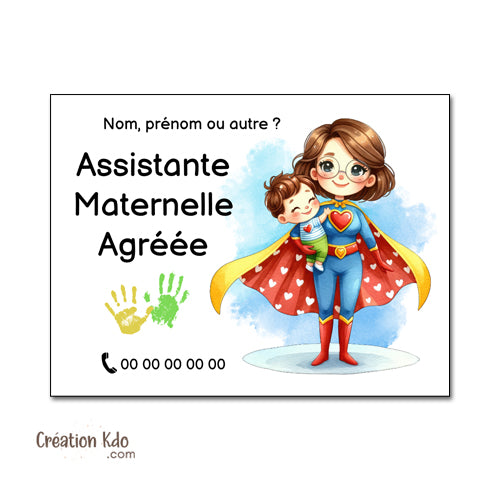 Plaque assistante maternelle panneau nounou nourrice métier pancarte personnalisée texte modèle héro