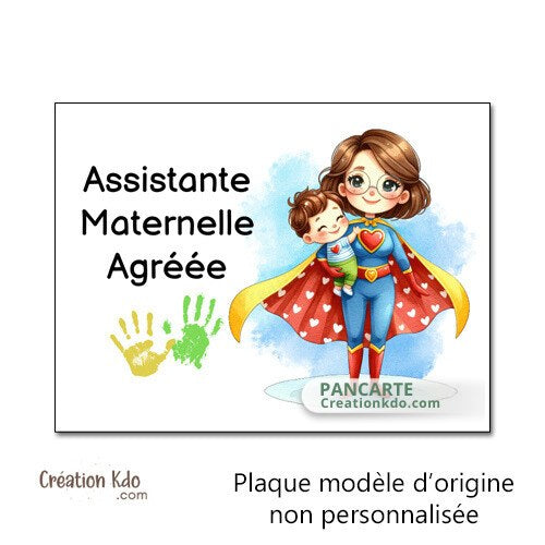 Plaque assistante maternelle panneau nounou nourrice métier pancarte personnalisée texte modèle héro