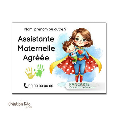 Plaque assistante maternelle panneau nounou nourrice métier pancarte personnalisée texte modèle héro