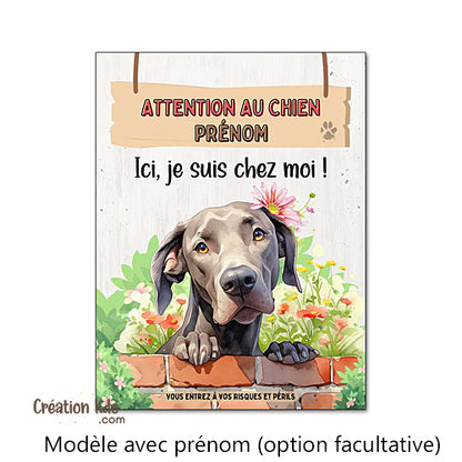 Plaque Attention au chien Braque de Weimar mignon panneau Ici, je suis chez moi
